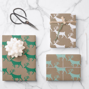 Rustic Kraft Green White Woodland Stag Wrapping Paper Sheet