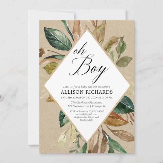 Rustic kraft greenery foliage boy fall baby shower invitation (Front)