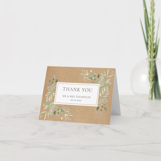 Rustic Kraft Greenery Leaves Wedding Thank You Card (Front)