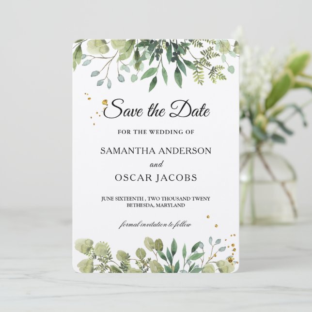 Rustic Kraft Greenery Watercolor  Save The Date (Standing Front)