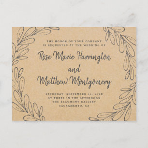 Rustic Kraft & Hand-drawn Leaves Wedding Invitation Postcard