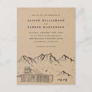 Rustic Kraft Hand-drawn Mountains & Hut Wedding Invitation Postcard