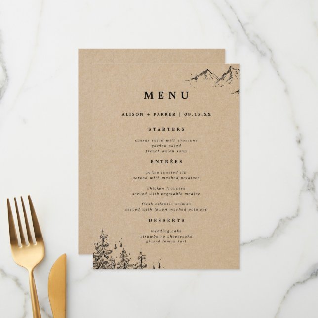Rustic Kraft Hand-drawn Mountains & Pines Wedding Menu (Front/Back In Situ)