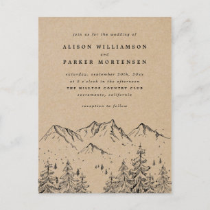 Rustic Kraft Hand-drawn Mountains & Trees Wedding Invitation Postcard