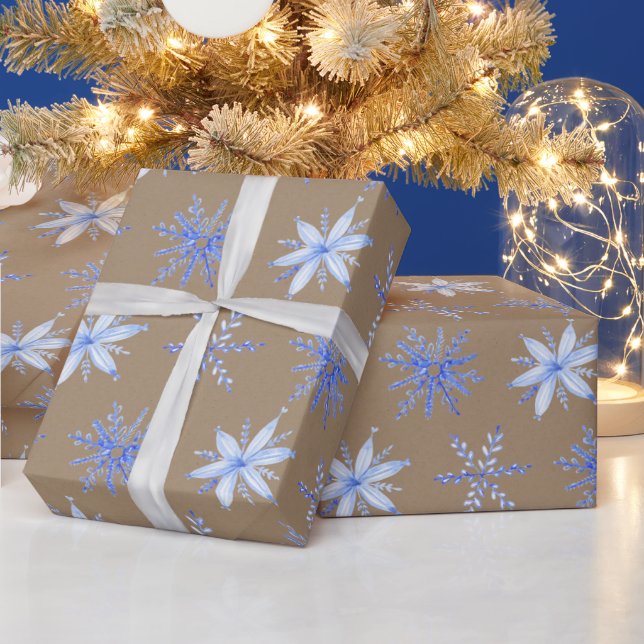 Rustic Kraft Hand Drawn Periwinkle Blue Snowflakes Wrapping Paper (Holidays)