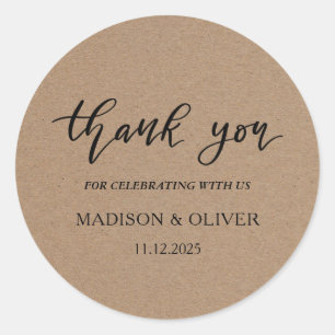 Rustic Kraft Handwritten Script Thank You Wedding Classic Round Sticker