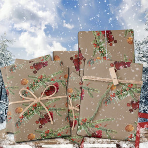 Rustic Kraft Holiday Highbush Cranberries Wrapping Paper Sheet