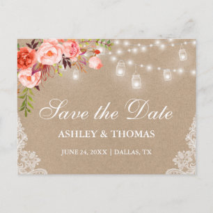 Rustic Kraft Jar Lights Coral Floral Save the Date Announcement Postcard
