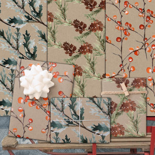 Rustic Kraft Juniper Pine Cones & Ilex Berries Wrapping Paper Sheet