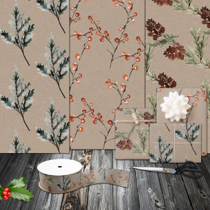 Rustic Kraft Juniper Pine Cones Ilex Berries Wrapping Paper Sheet