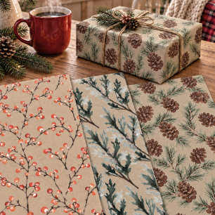 Rustic Kraft Juniper Pine Cones & Ilex Berries Wrapping Paper Sheet