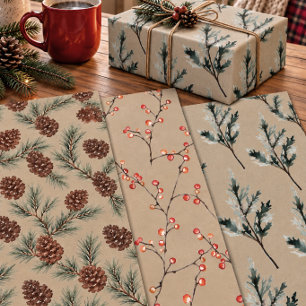 Rustic Kraft Juniper Pine Cones Ilex Berries Wrapping Paper Sheet