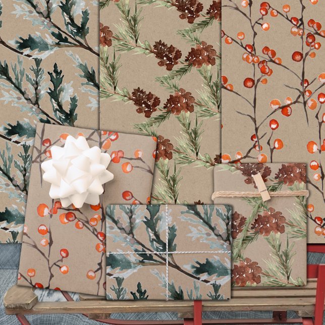 Rustic Kraft Juniper Pine Cones & Ilex Berries Wrapping Paper Sheet (Rustic Kraft Juniper Pine Cones & Ilex Berries Christmas Holiday Gift Wrapping Sheets Trio)