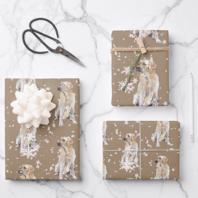 Rustic Kraft Labrador Retriever Dog Falling Snow Wrapping Paper Sheet (Front)
