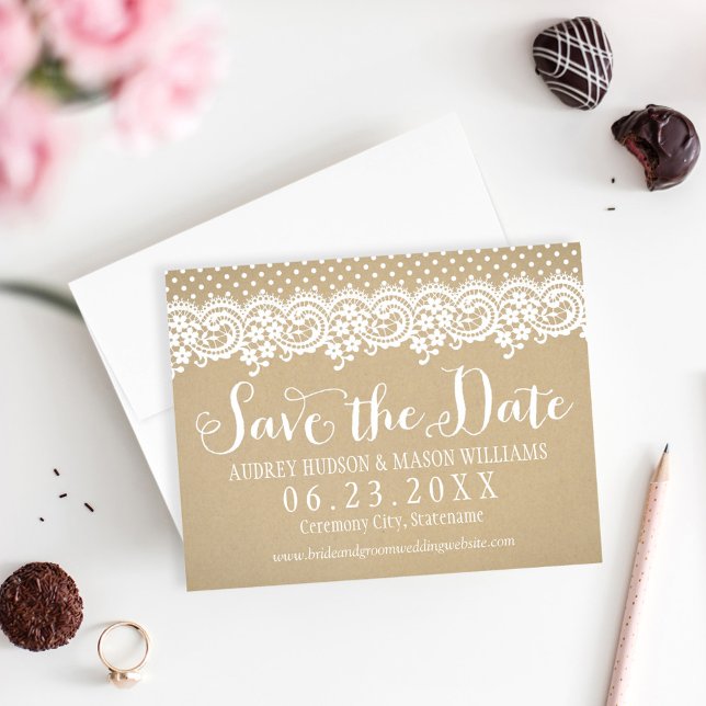 Rustic Kraft Lace Calligraphy Wedding Save The Date (Creator Uploaded)