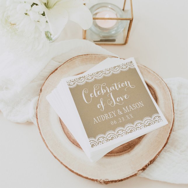 Rustic Kraft Lace Celebration of Love Wedding Napkin (Creator Uploaded)
