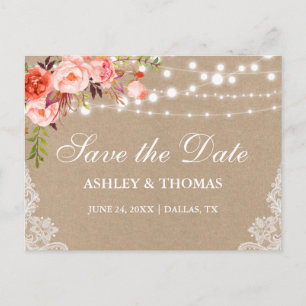 Rustic Kraft Lace Coral Floral Save the Date Announcement Postcard