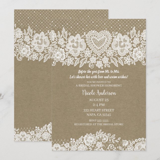 Rustic Kraft & Lace Farmhouse Barn Bridal Shower Invitation (Front/Back)