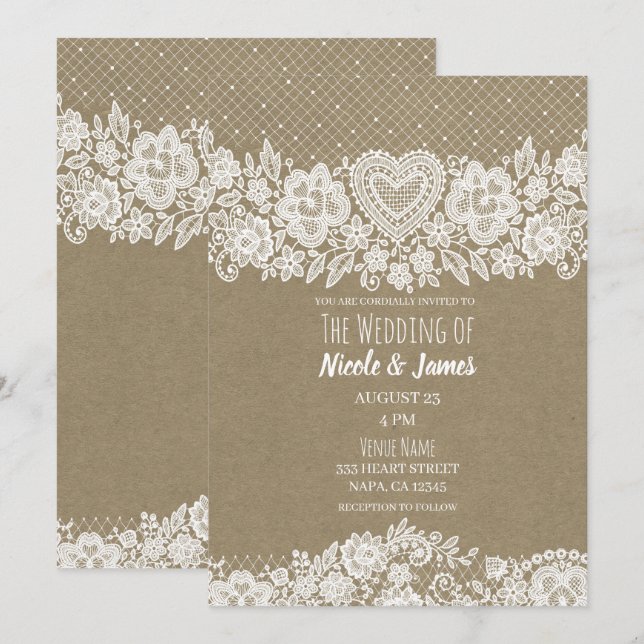 Rustic Kraft & Lace Farmhouse Barn Wedding Invitation (Front/Back)