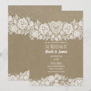 Rustic Kraft & Lace Farmhouse Barn Wedding Invitation