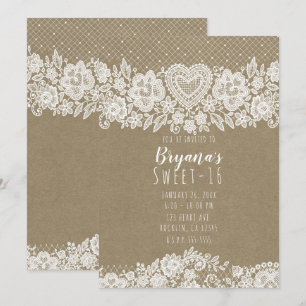 Rustic Kraft  Lace Farmhouse Sweet 16 Birthday Invitation