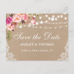 Rustic Kraft Lace Pink Floral Save the Date Announcement Postcard