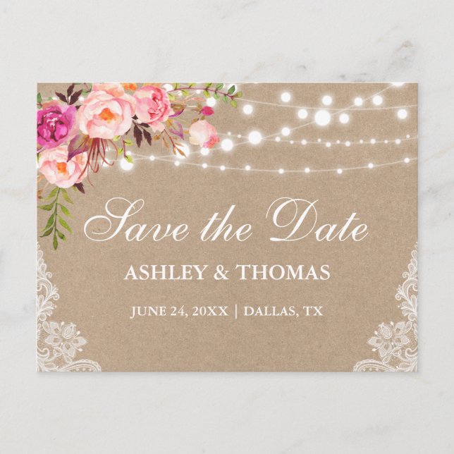 Rustic Kraft Lace Pink Floral Save the Date Announcement Postcard (Front)