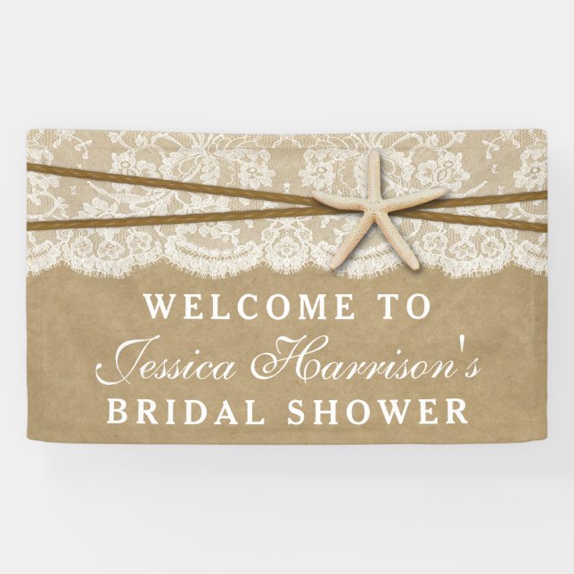 Rustic Kraft, Lace & Starfish Beach Bridal Shower Banner (Horizontal)