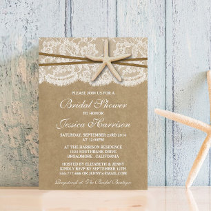 Rustic Kraft, Lace & Starfish Beach Bridal Shower Invitation