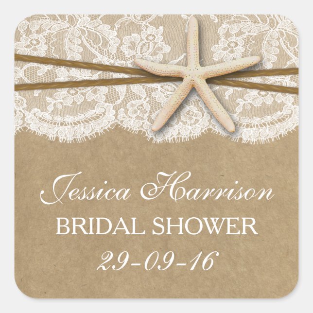 Rustic Kraft, Lace & Starfish Beach Bridal Shower Square Sticker (Front)