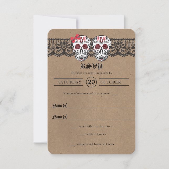 Rustic Kraft & Lace Sugar Skull Wedding RSVP cards (Front)