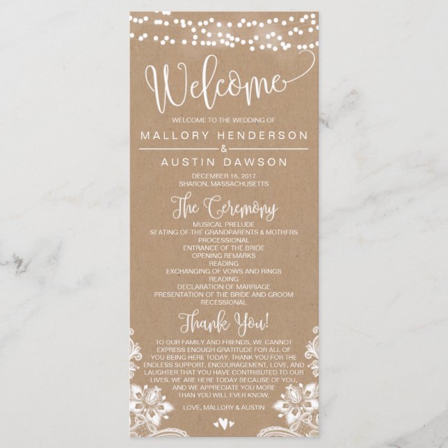 Rustic Kraft Lace Wedding Ceremony Program Programme (Front)