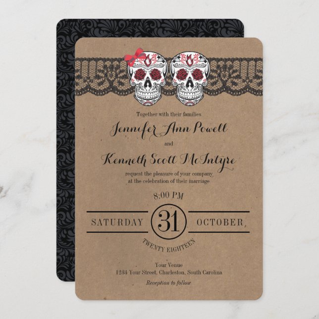 Rustic Kraft & LaceSugar Skull Wedding Invitations (Front/Back)