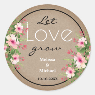 Rustic Kraft Let Love Grow Floral Wedding Classic Round Sticker