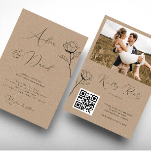 Rustic Kraft Look Drawn Rose QR Code RSVP Wedding Invitation