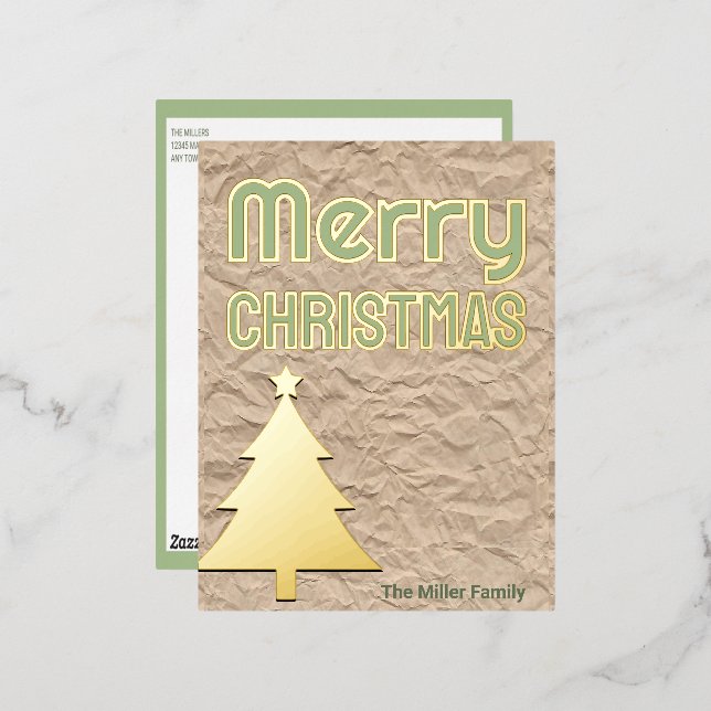 Rustic Kraft Look Minimalist Non-Photo Green Gold Foil Holiday Postcard (Front/Back)