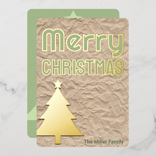 Rustic Kraft Look Trendy Non-Photo Green Gold Foil Holiday Card (Front/Back)