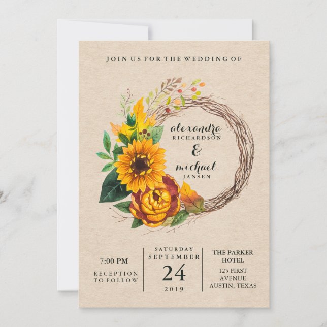 Rustic Kraft Look with Sunflower Wreath Wedding Invitation (Front)