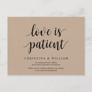 Rustic Kraft, love is patient, wed postponed Postcard