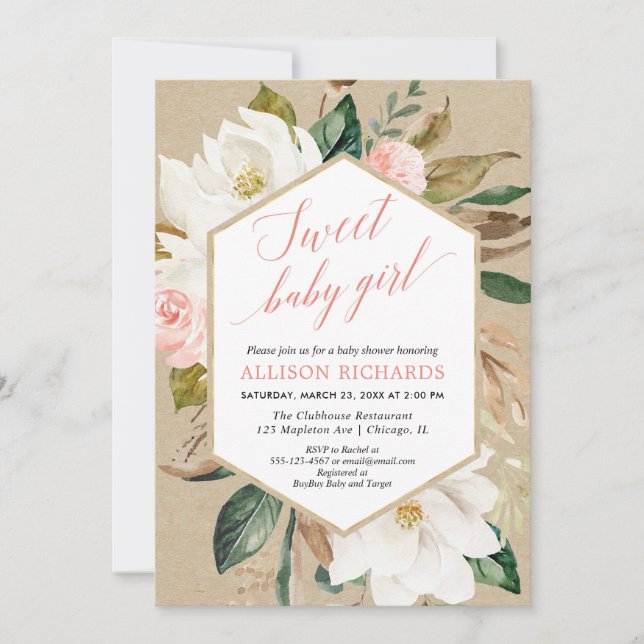 Rustic kraft magnolia floral fall girl baby shower invitation (Front)