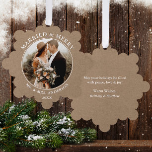 Rustic Kraft Married and Merry Wedding Photo Tree Decoration Card