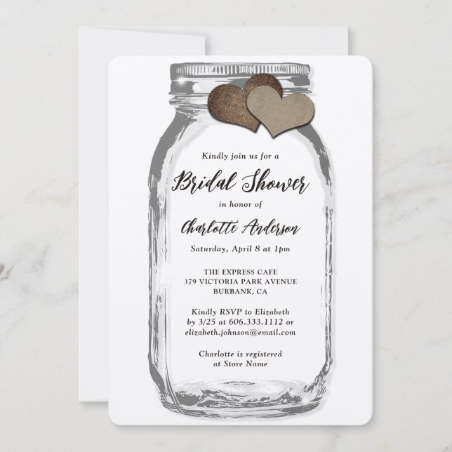 Rustic Kraft Mason Jar Burlap Hearts Bridal Shower Invitation (Front)
