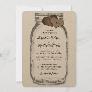 Rustic Kraft Mason Jar Two Burlap Hearts Wedding Invitation