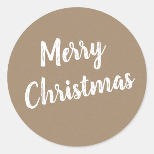Rustic Kraft Merry Christmas In White Classic Round Sticker