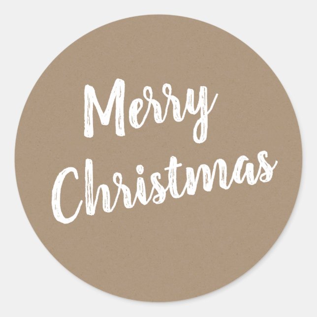 Rustic Kraft Merry Christmas In White Classic Round Sticker (Front)