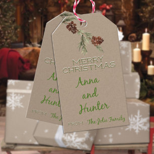Rustic Kraft Merry Christmas Pine Cones On Branch Gift Tags