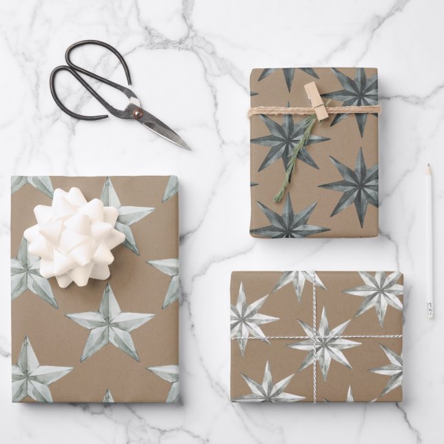 Rustic Kraft Metal Scandinavian Holiday Star Wrapping Paper Sheet (Front)