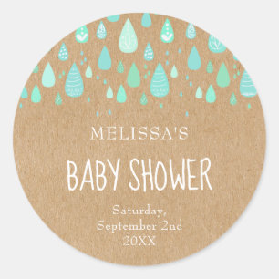 Rustic kraft mint green raindrops baby shower classic round sticker