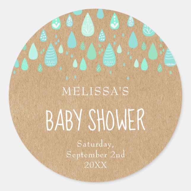 Rustic kraft mint green raindrops baby shower classic round sticker (Front)