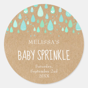 Rustic kraft mint green raindrops baby sprinkle classic round sticker
